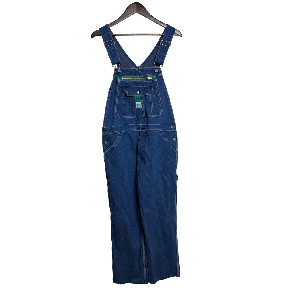 Liberty Mens Blue Denim Bib Overalls 36x30 Green Trim Workwear MOV18006 DB
